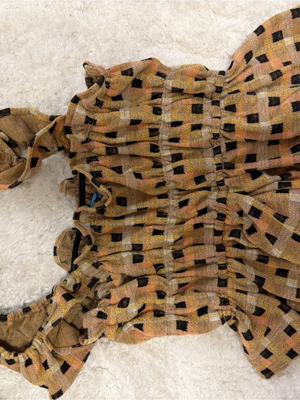 Anthropologie Mustard and Black Square-Print Ruffled Top
